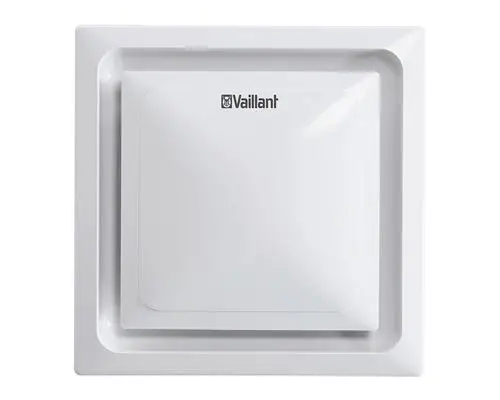 Weißer Radial-Abluftventilator mit quadratischem Gehäuse, markiert mit "Vaillant", auf hellem Hintergrund.